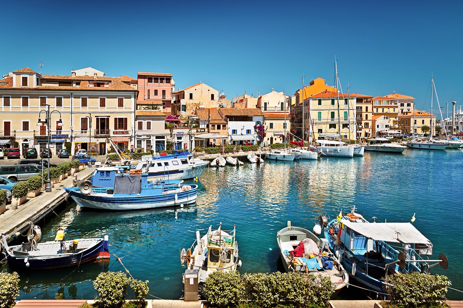 Marina and view over La Maddalena, the largest town in the Maddalena archipelago at the Costa Smeraldo
