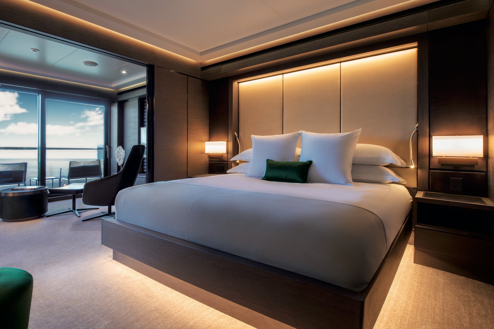 Evrima Grand Suite bedroom. The Ritz-Carlton Yacht Collection