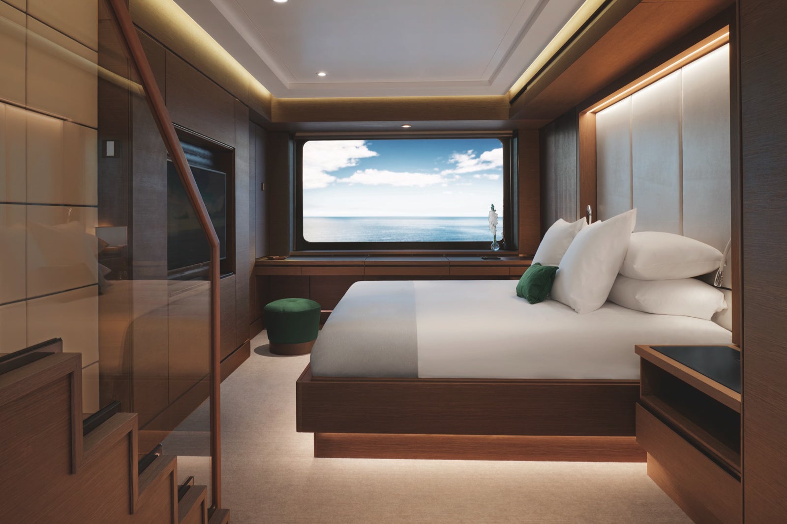 2-story Loft Suite bedroom aboard Evrima. The Ritz-Carlton Yacht Collection