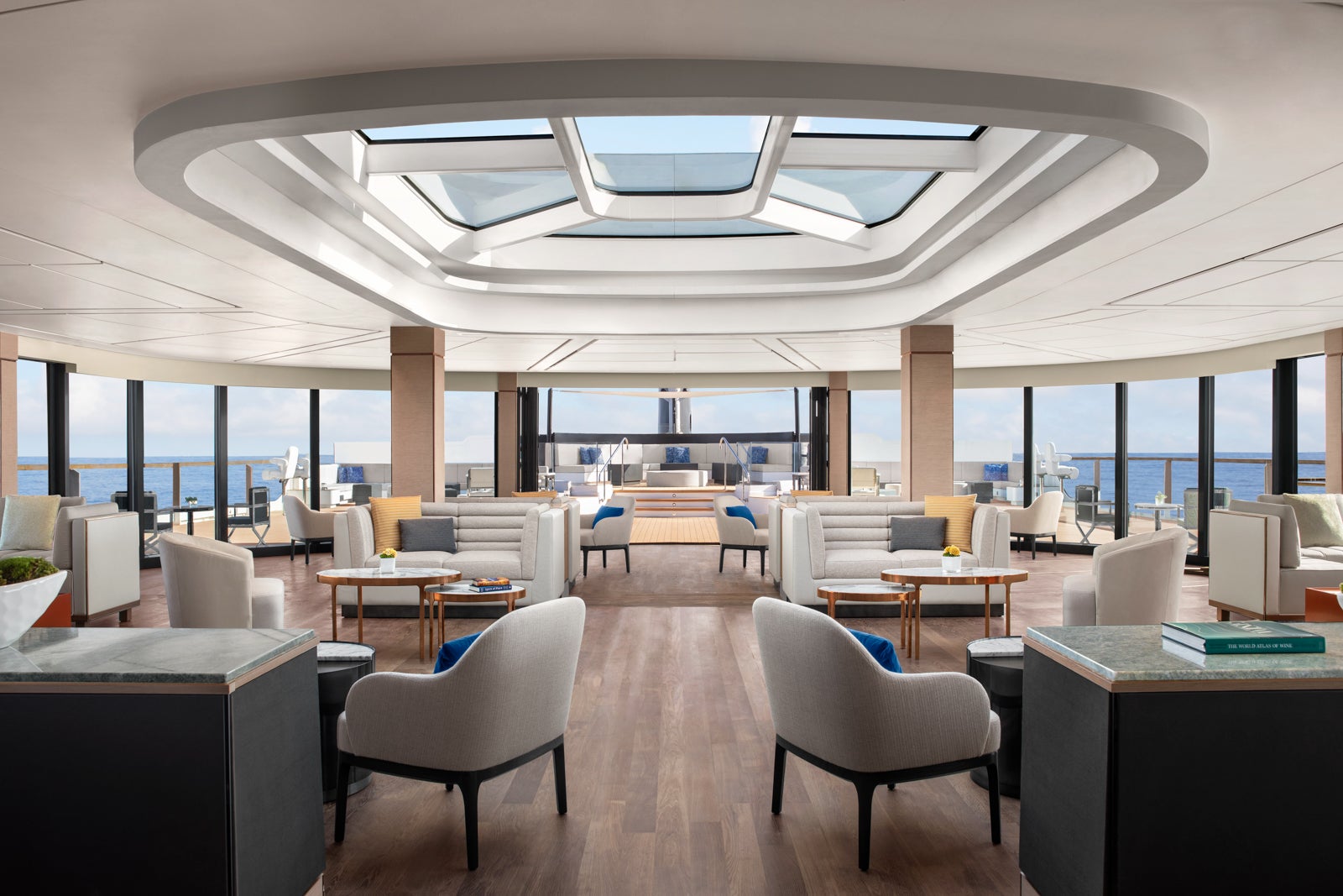 Observation Lounge seating aboard Evrima, The Ritz-Carlton Yacht Collection