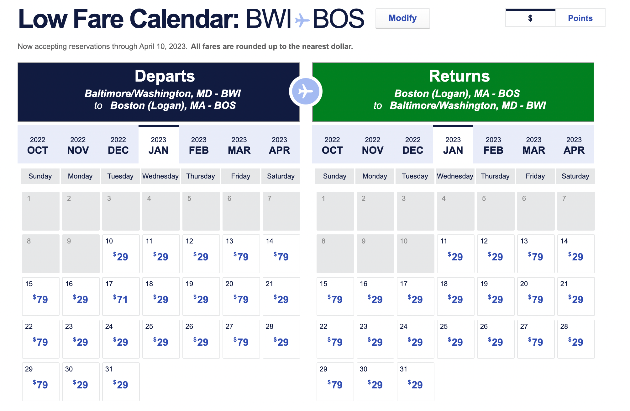 BWI to BOS calendar flights