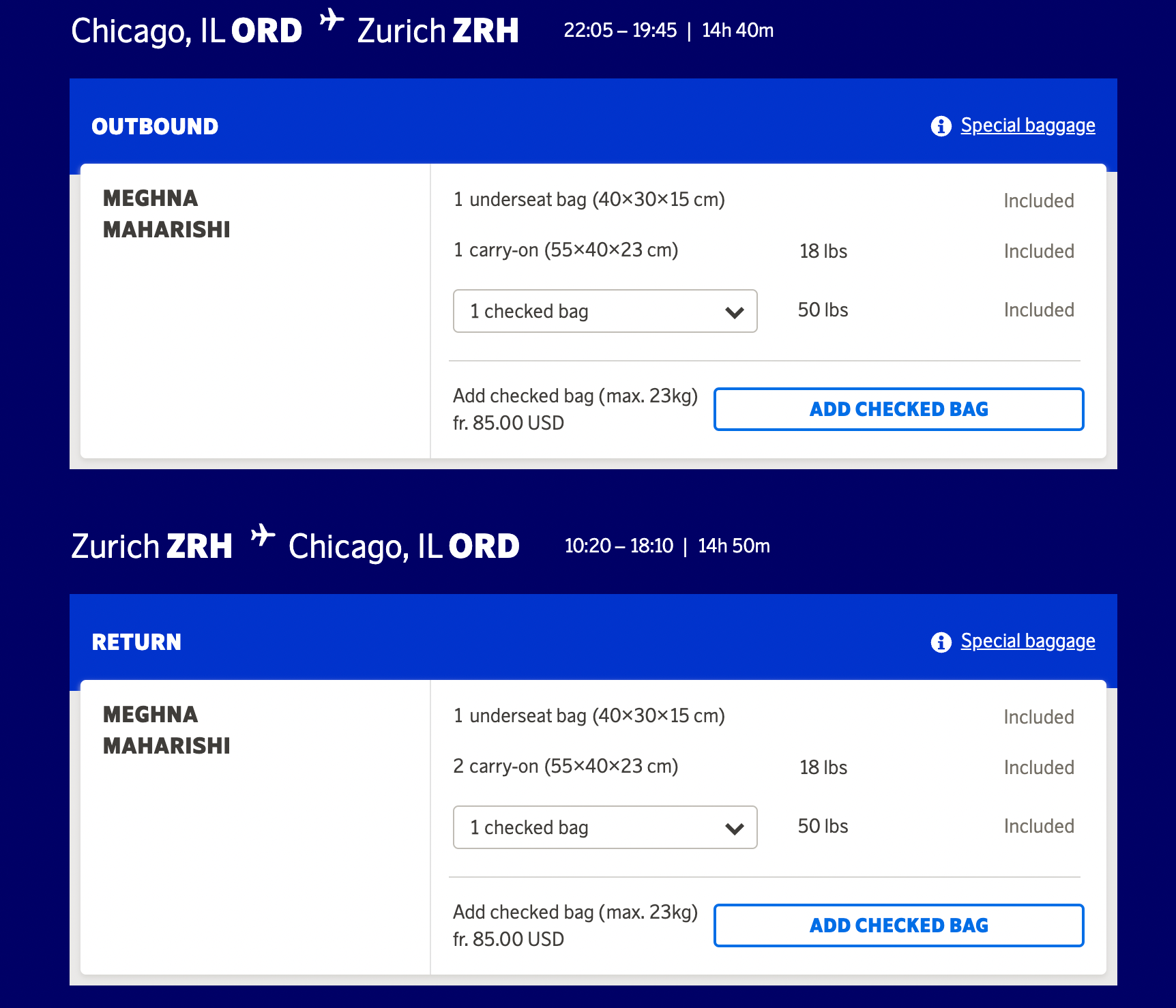 Chicago to Zurich flight info