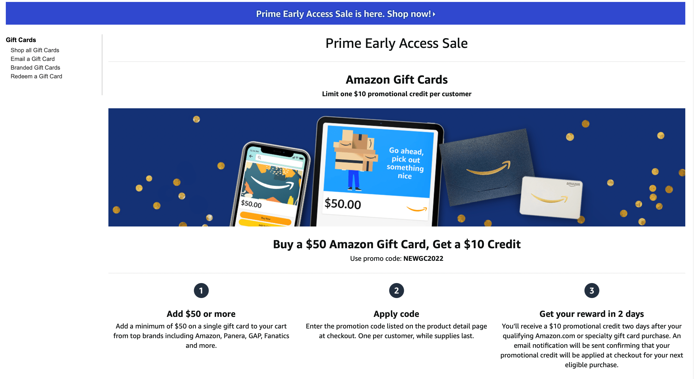 Get 20 credit back with select gift card purchases during Amazon Prime
