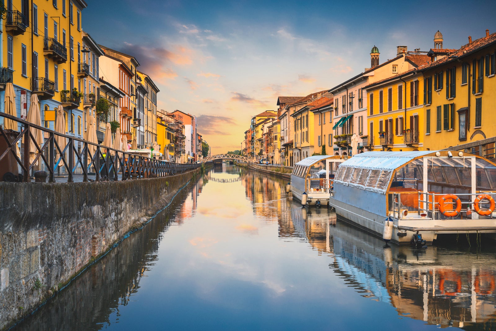 Navigli canals in the old town at sunset, Milan, Italy