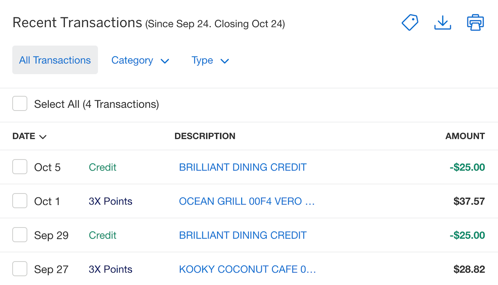 credit card statement showing restaurant purchases and credits to account