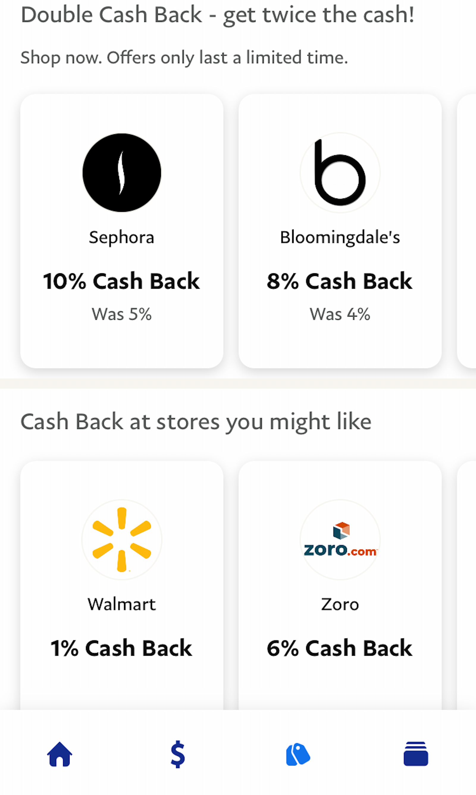 Screenshot of points earning options from PayPal mobile app