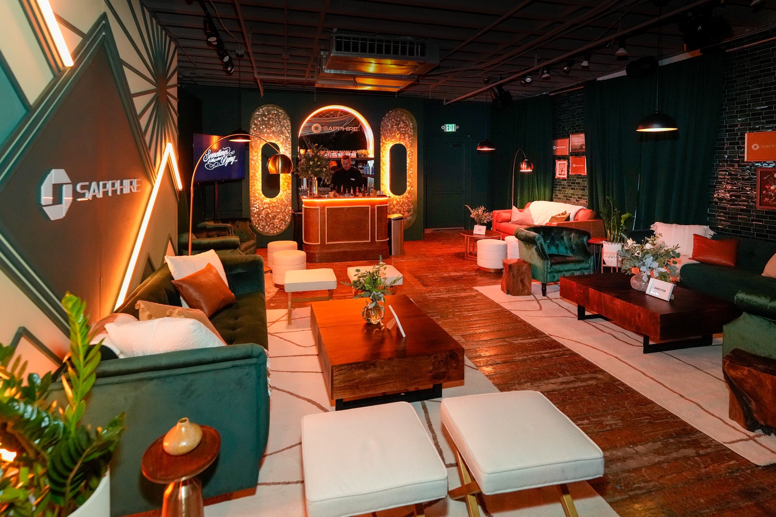 seating and dim lighting inside a pop-up lounge