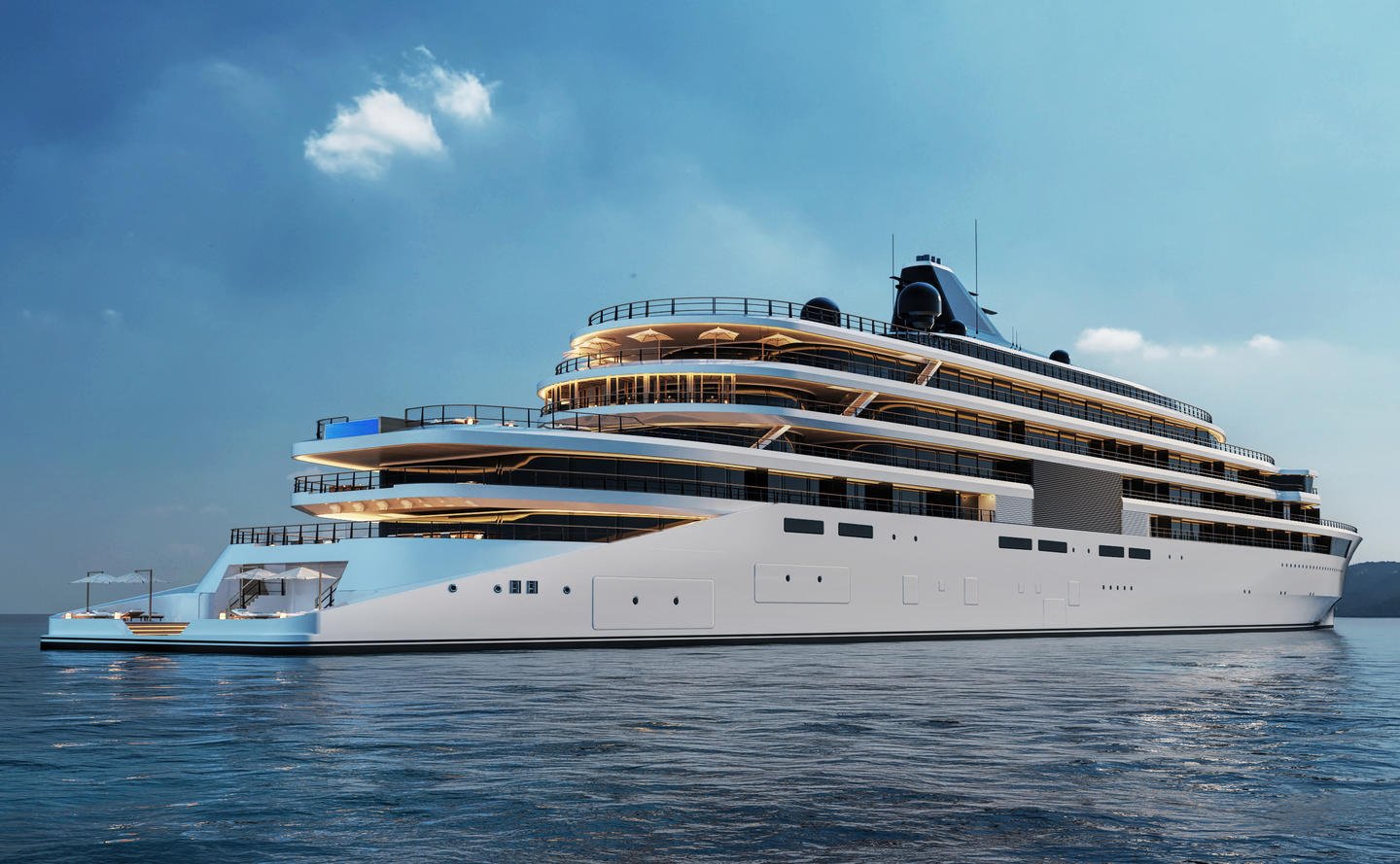 An artist's drawing of a luxury cruise vessel planned for Aman Resorts.