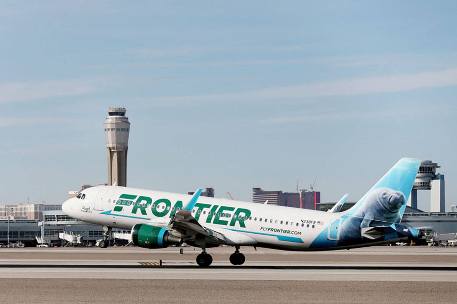 Frontier Airlines jet landing in Las Vegas