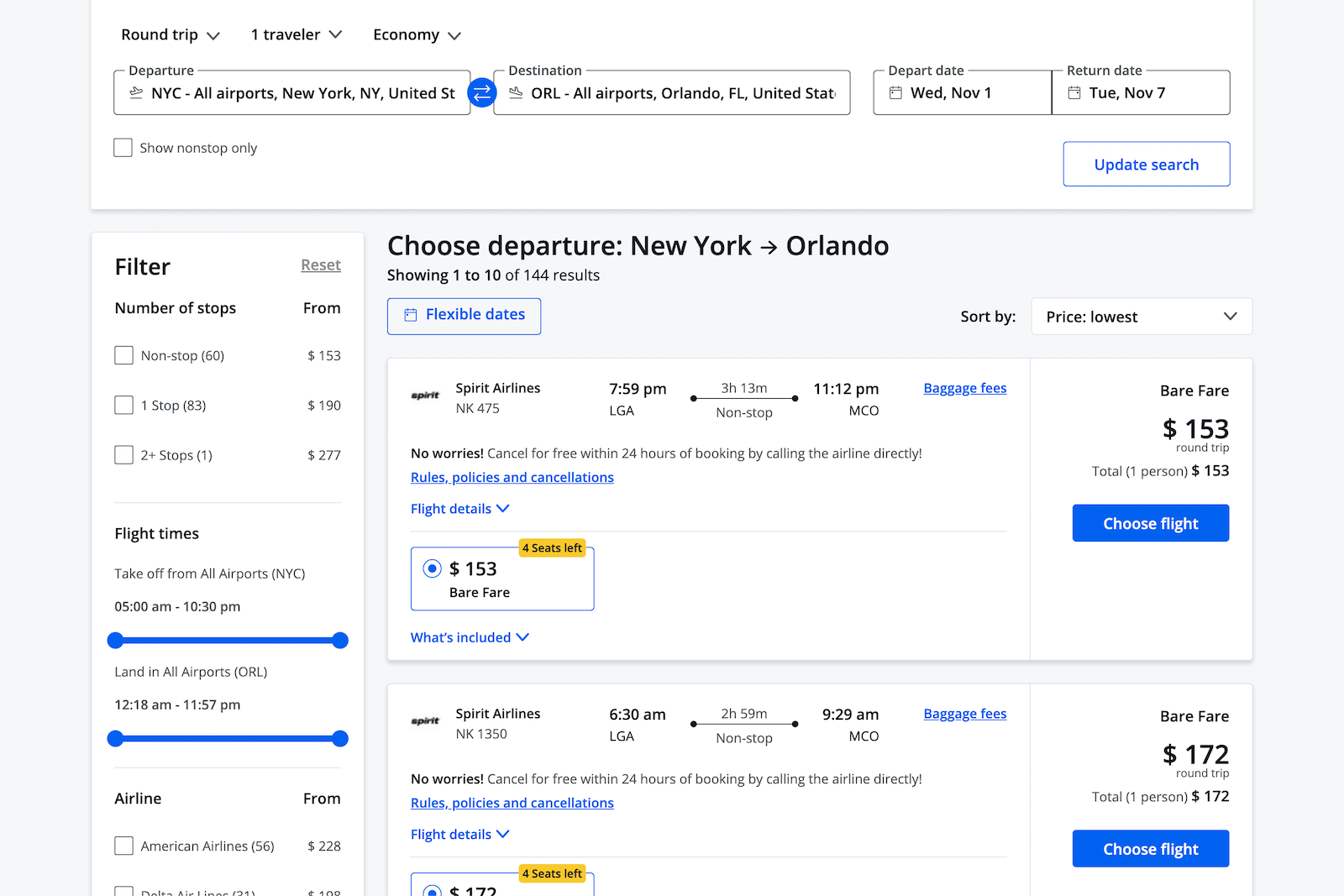 chase flight search results interface