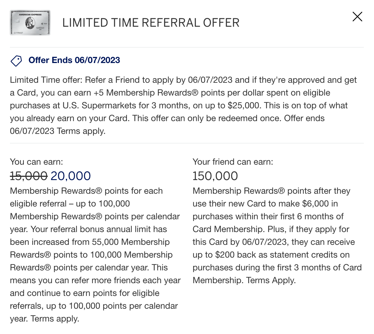 Check to see how many Amex points you can earn for referring a friend