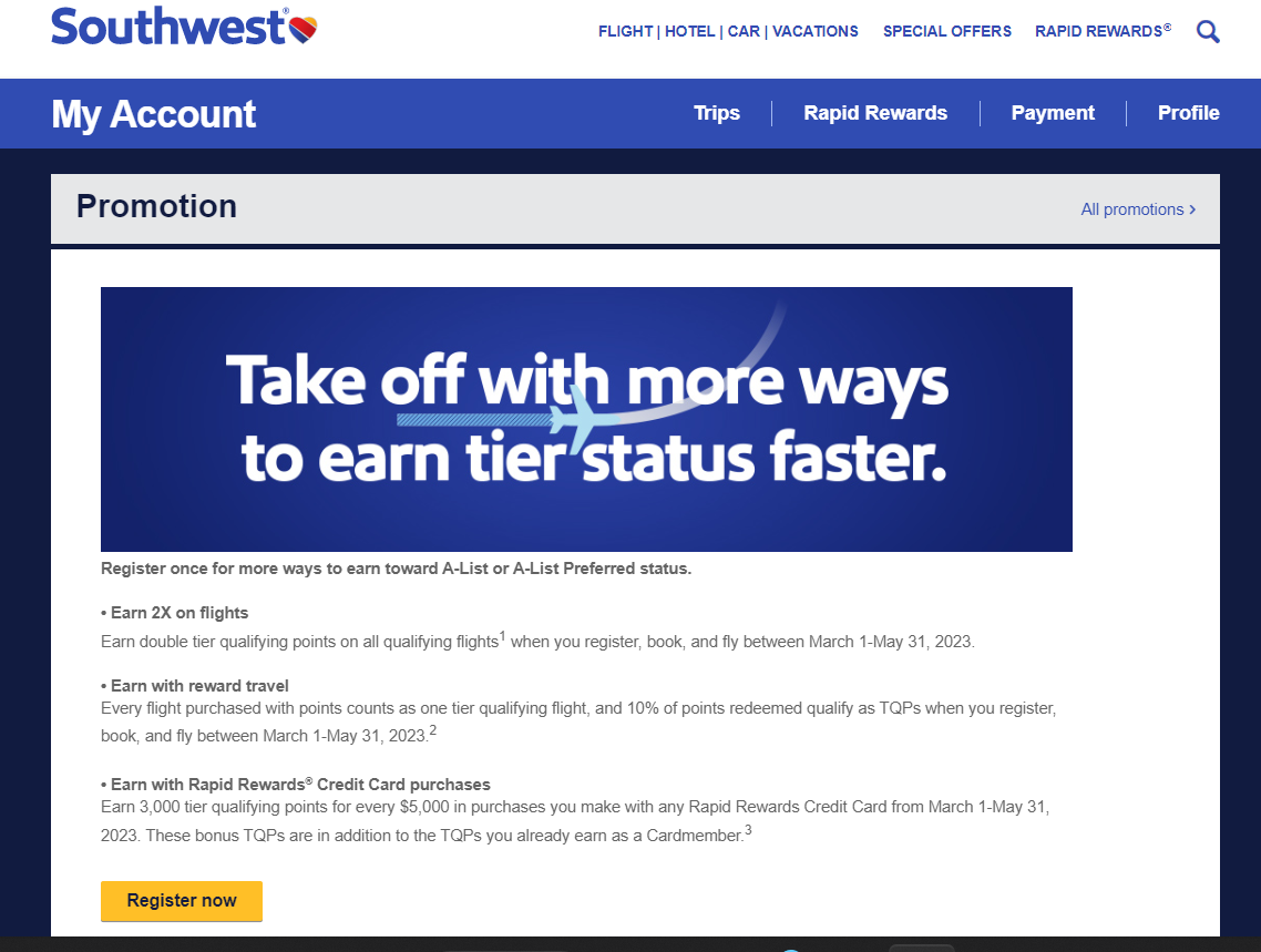 Register now for Southwest's new promotion that makes earning elite