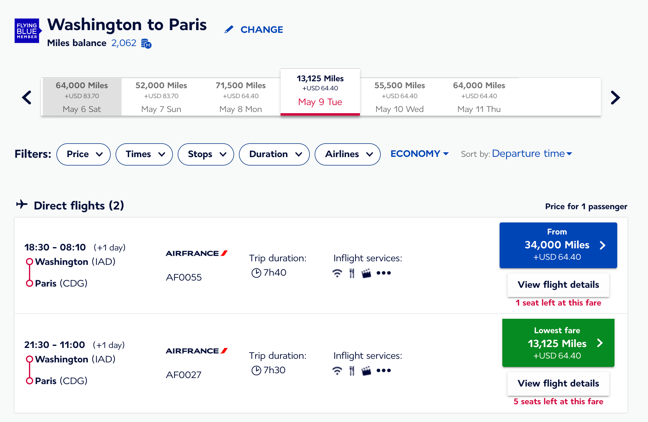 Flying Blue Air France Economy Promo fare to Paris.