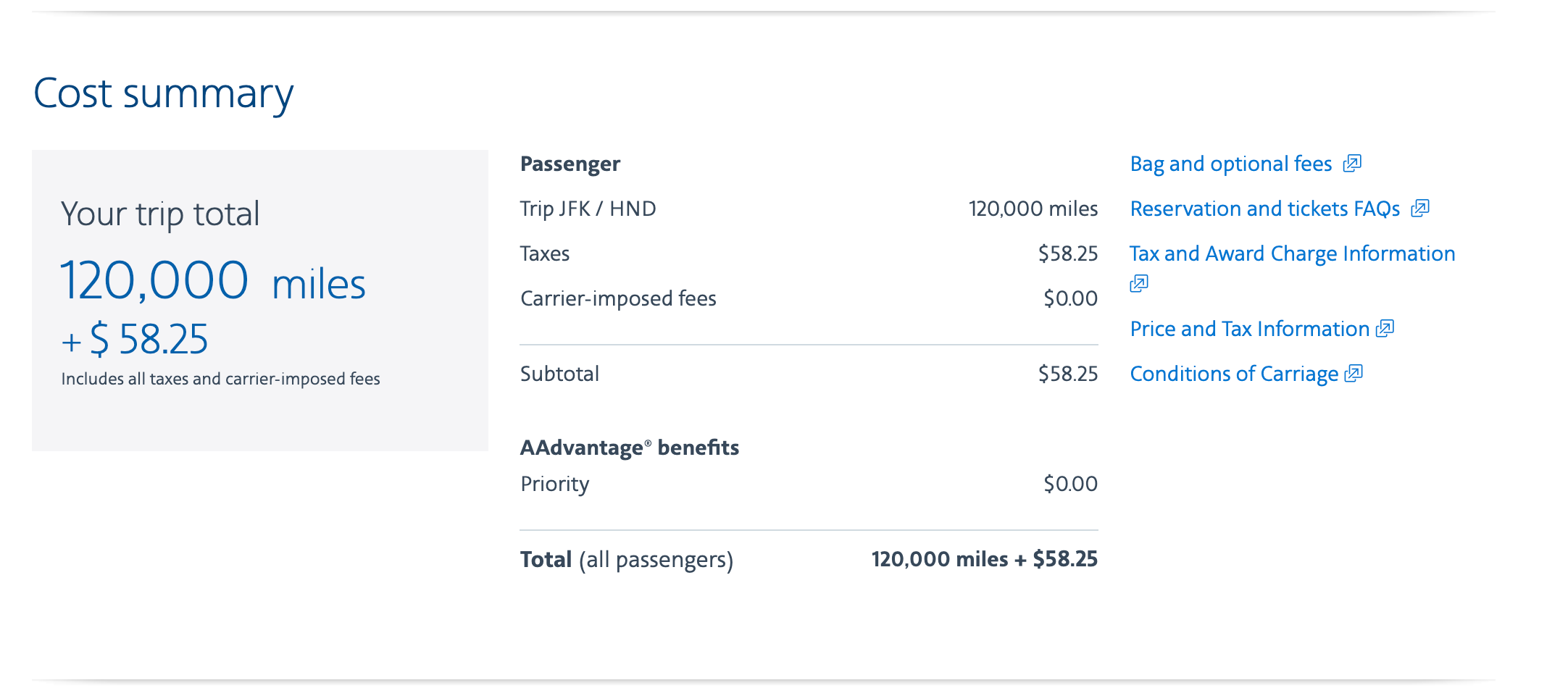 A round trip from the New York area to Tokyo for just 120,000 AA miles and $58 in taxes and fees. AA.COM