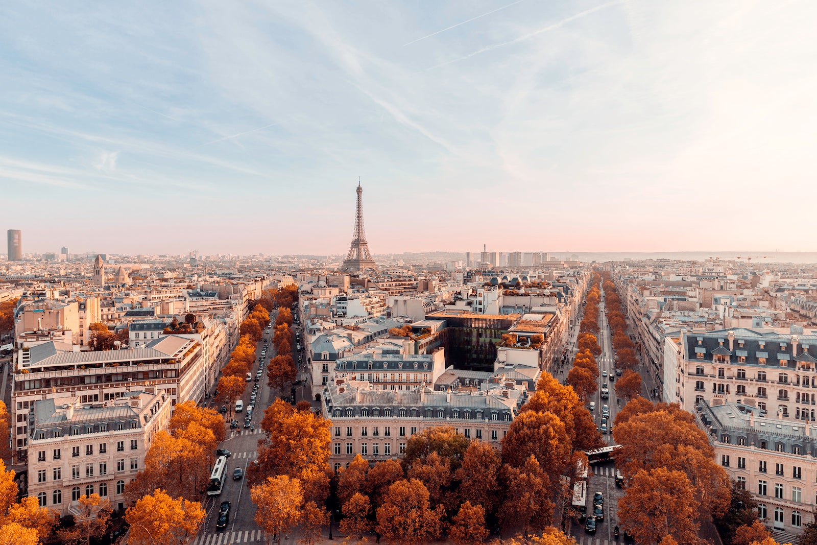 Eiffel Tower and Paris skyline in autumn, aerial view, France