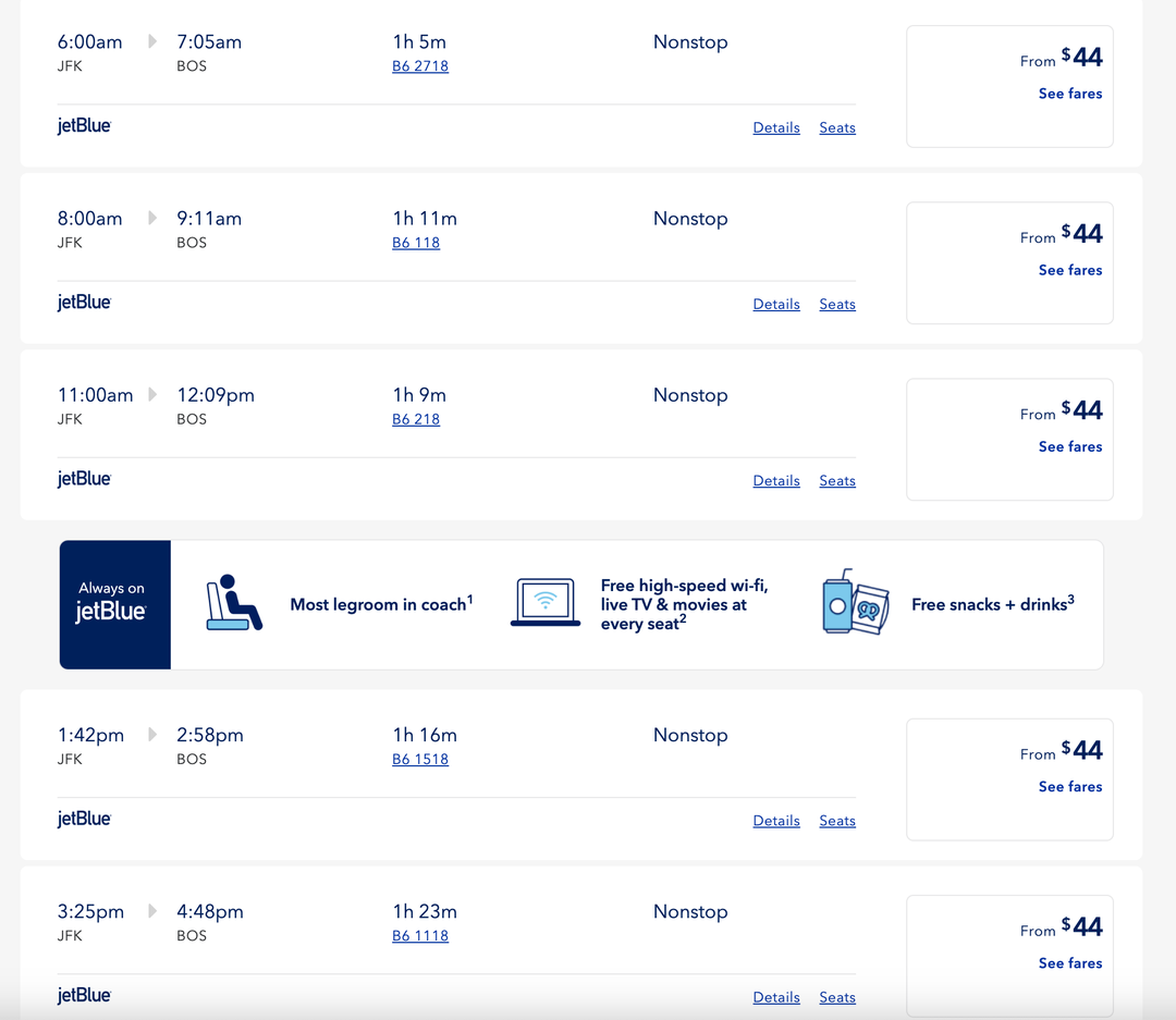 jetblue one way flights