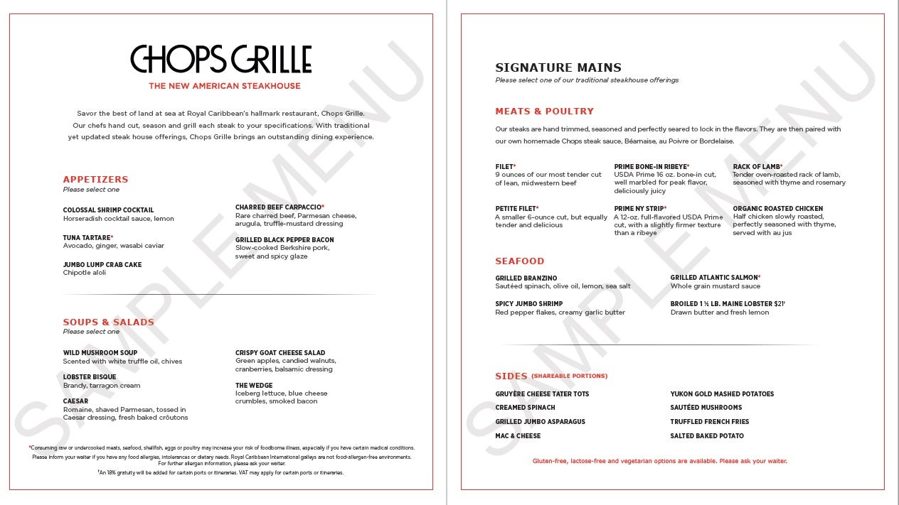 Chops Grille Royal Caribbean steakhouse cruise guide (with menu) The