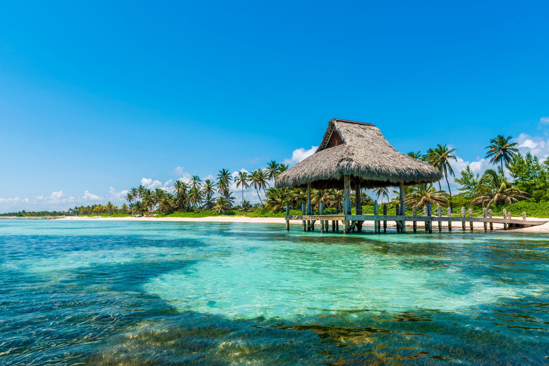 Thatched beach hut in Punta Cana, Dominican Republic.