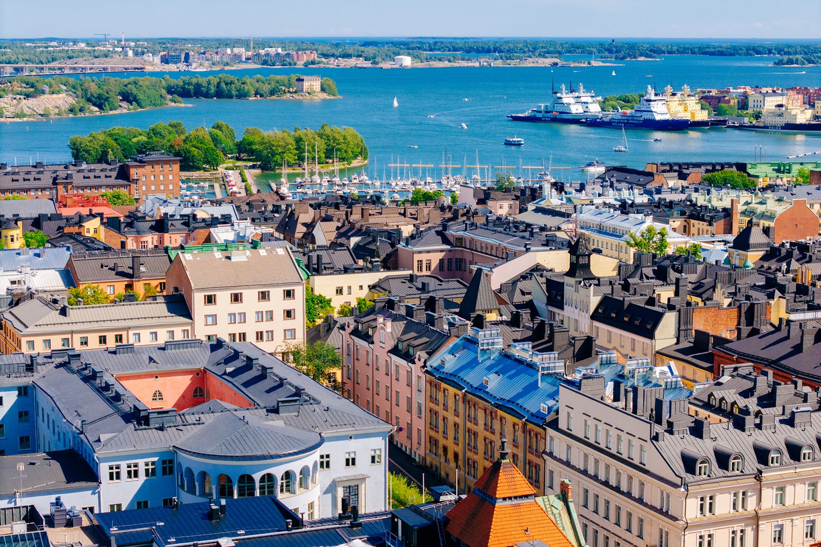 Aerial view over the Kruununhaka district in downtown Helsinki, with the Baltic sea in the background