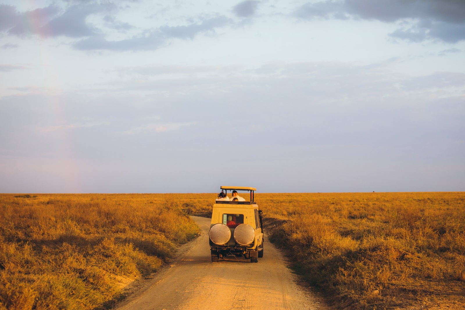 Scenic view of safari 4X4 car driving through the beautiful landscape during sunset