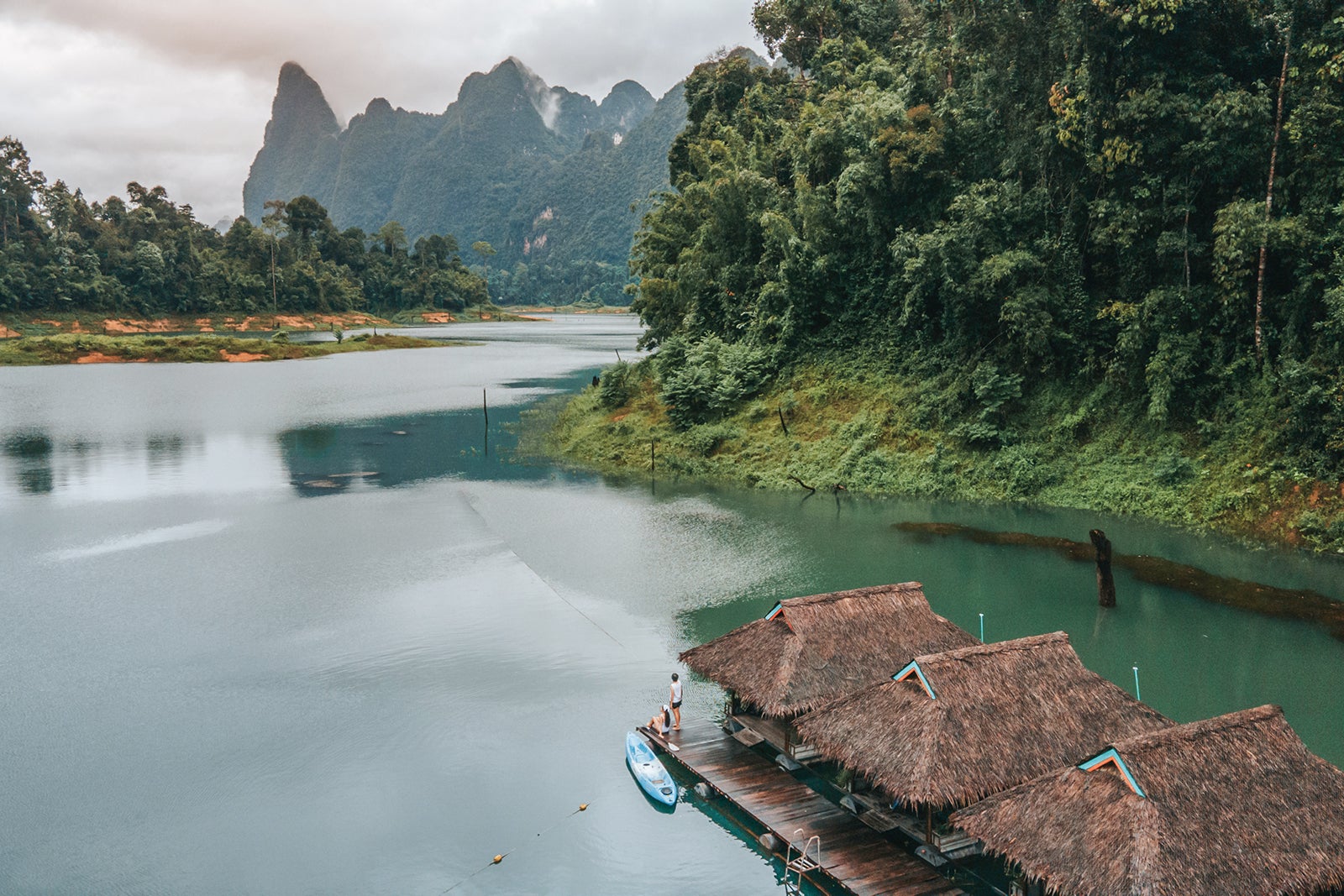Floating rafts for recreation and relaxation while holidays or vacation in Thailand, Khao Sok, Cheow Lan Lake, Ratchaprapa Dam