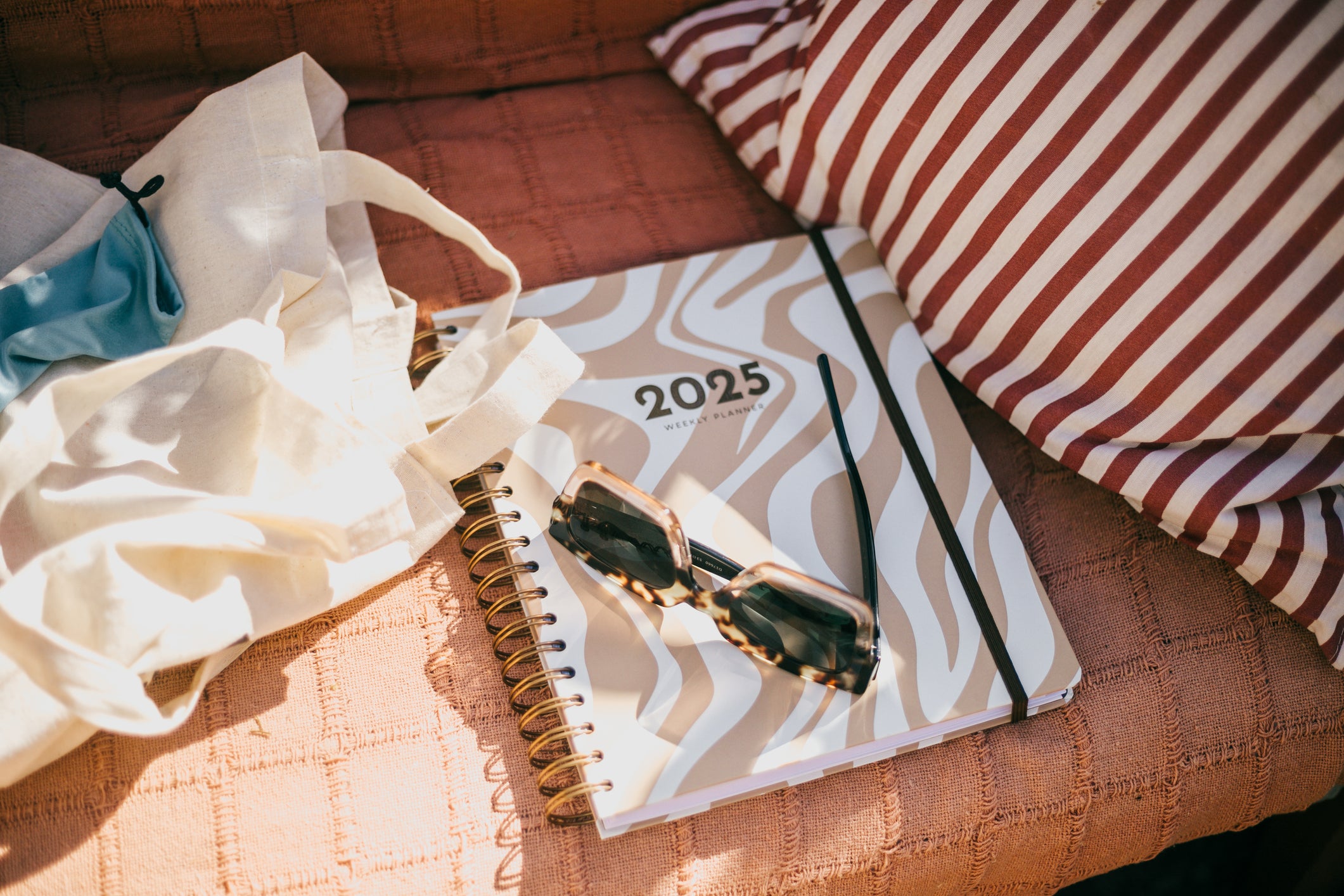 sunglasses sitting on 2025 feminine planner in couch ant sunlight