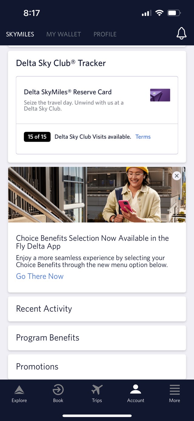 Check your SkyMiles account Delta Choice Benefits, guest passes and