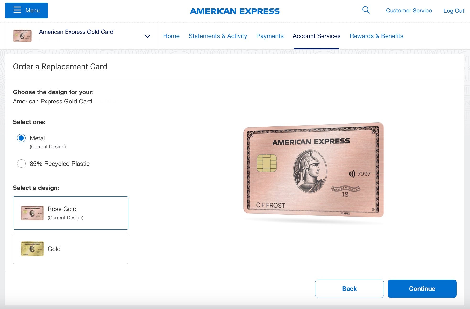 Amex Gold color design selection