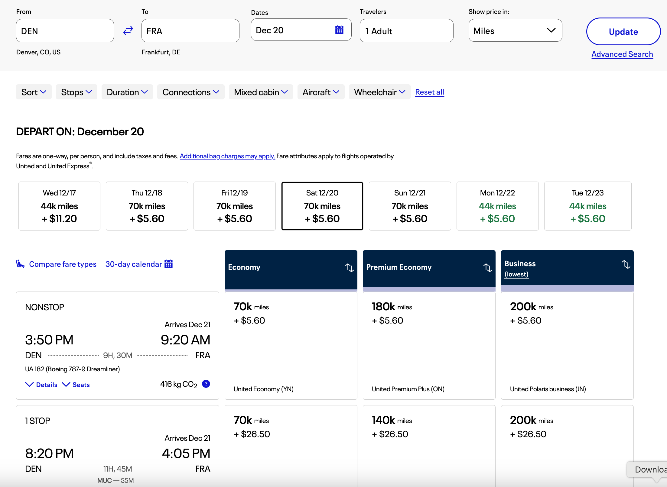 United MileagePlus Program How To Redeem Miles For Flights Hotels And United Search Results DEN FRA 