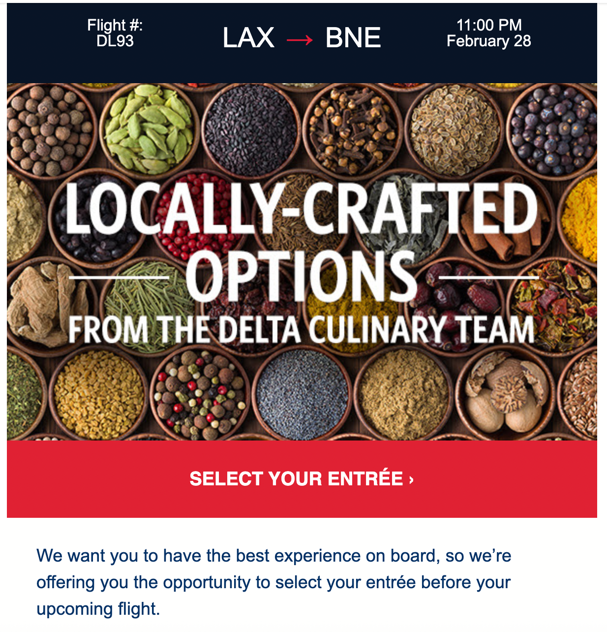Meal selection email screenshot