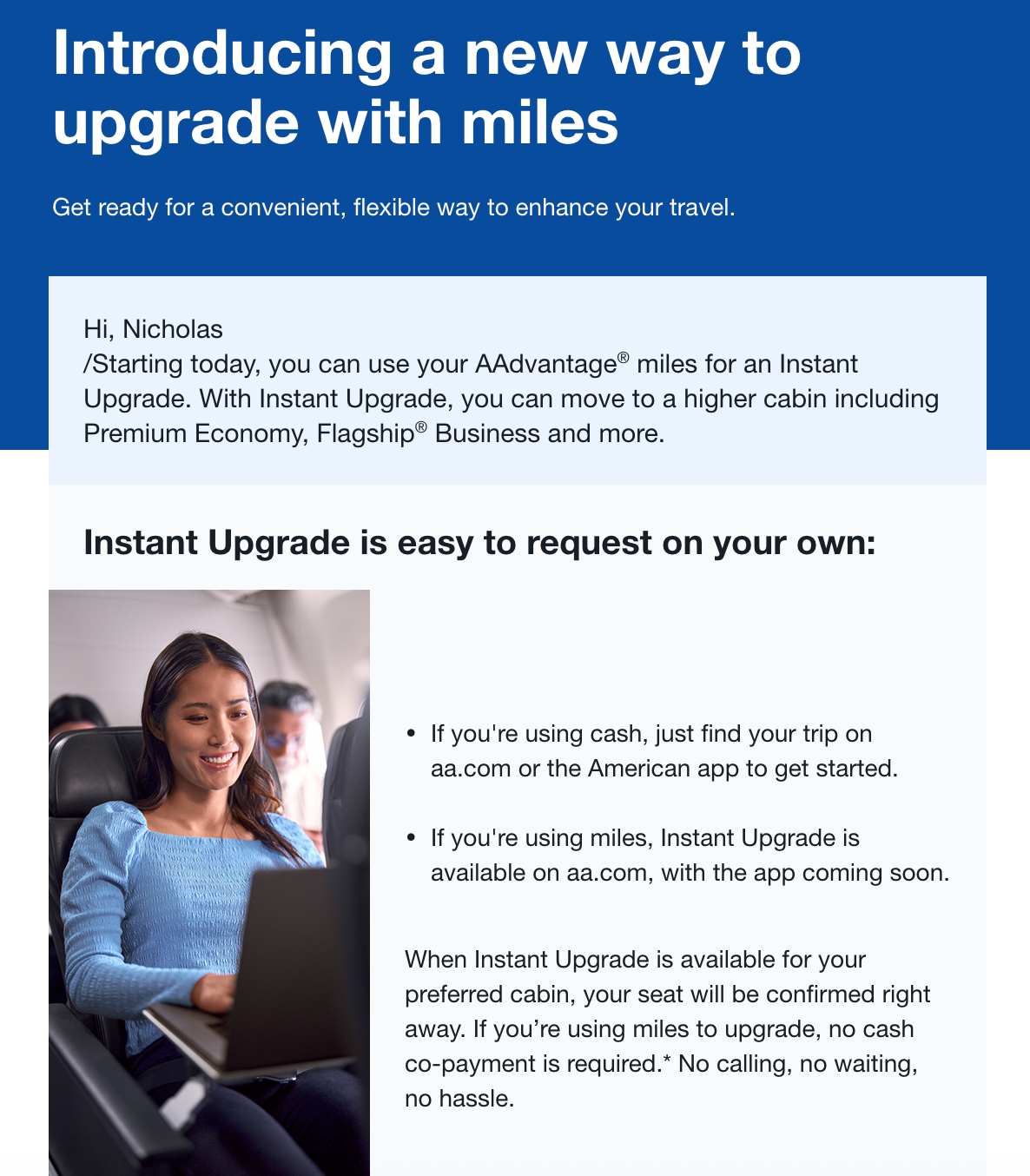 Instant Upgrade email from American Airlines. AA.COM